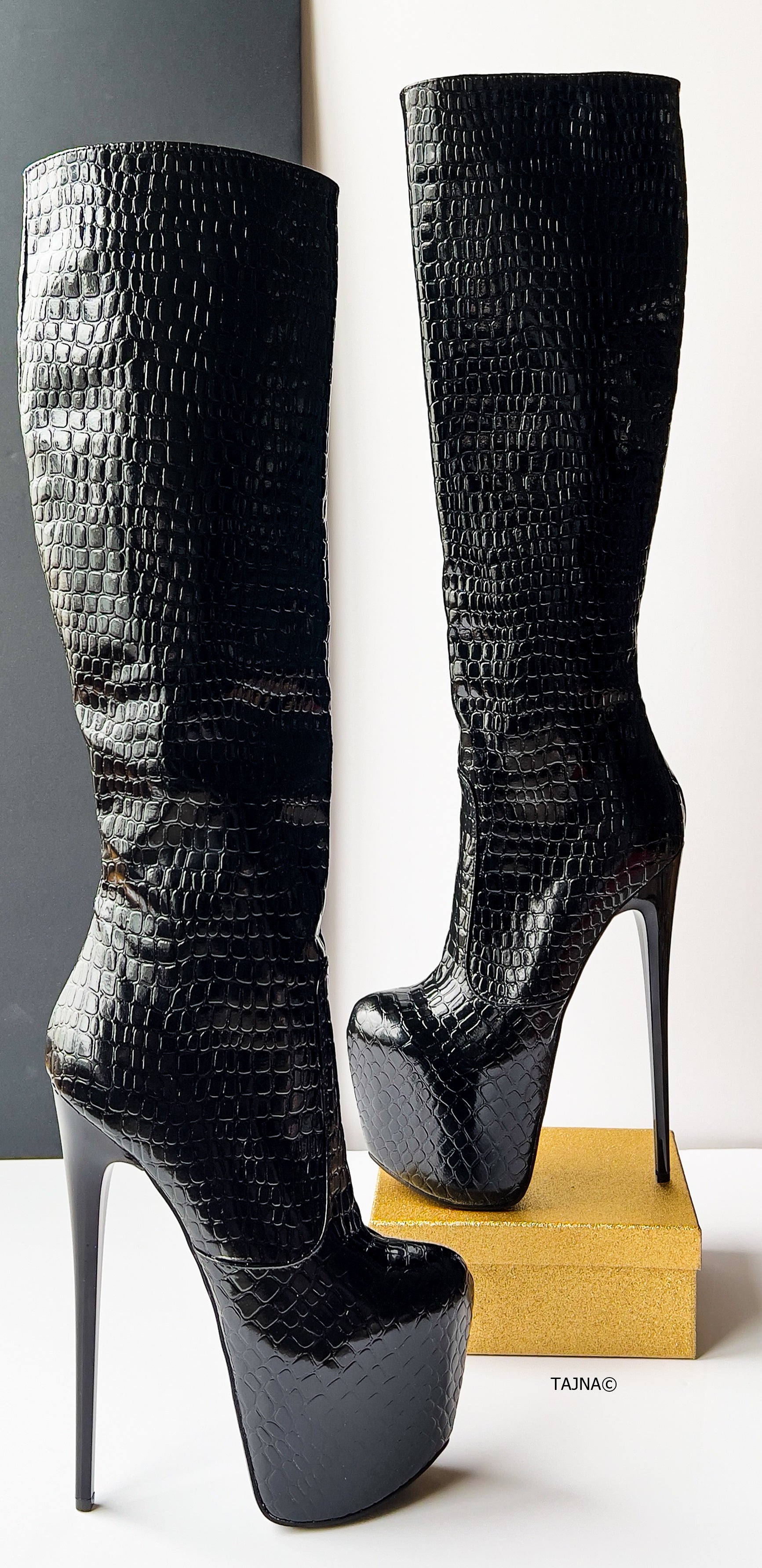 Women's Mid-Calf High Heel Boots Black Odetteia - KeeShoes