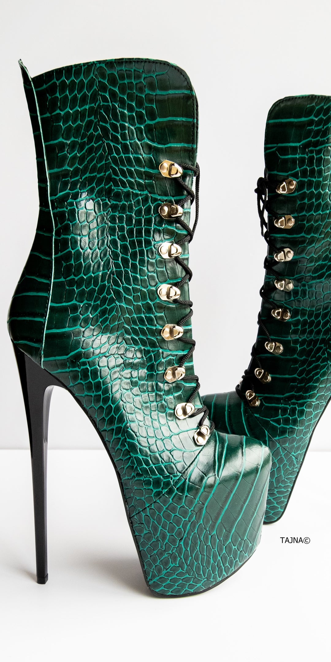 Green Croco Lace Up Military Syle Ankle Boots