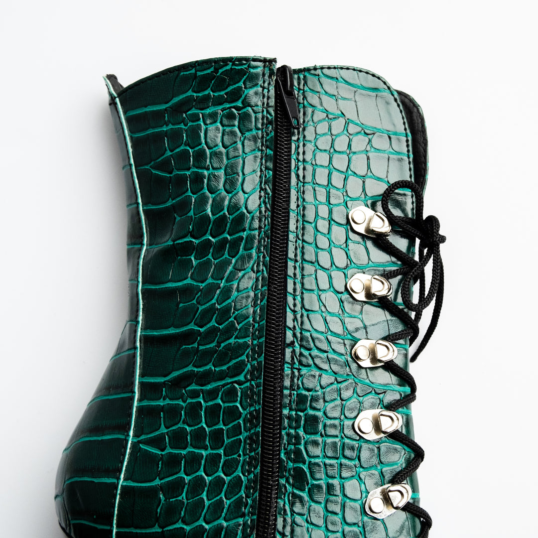 Green Croco Lace Up Military Syle Ankle Boots