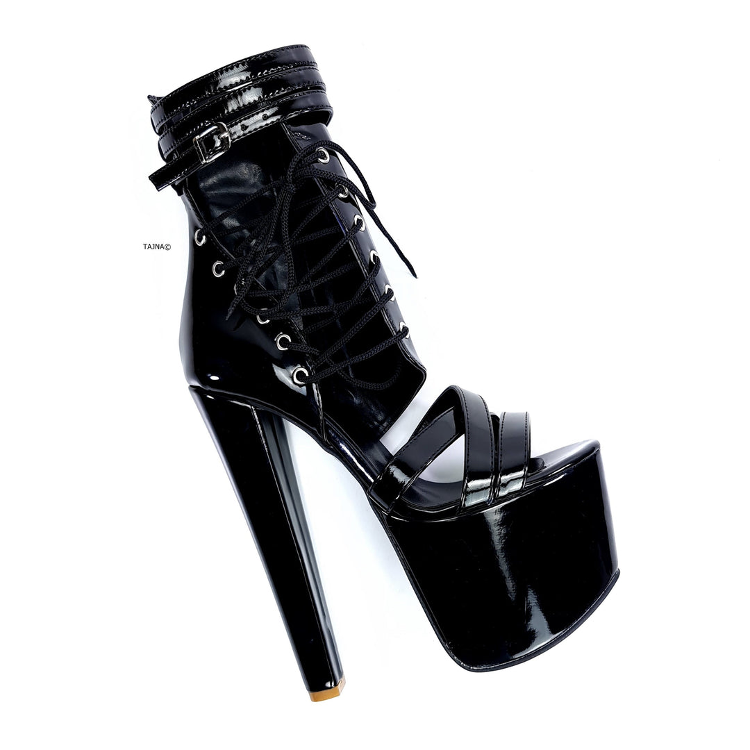 Black Gloss Side Lace Ankle Cut High Heels