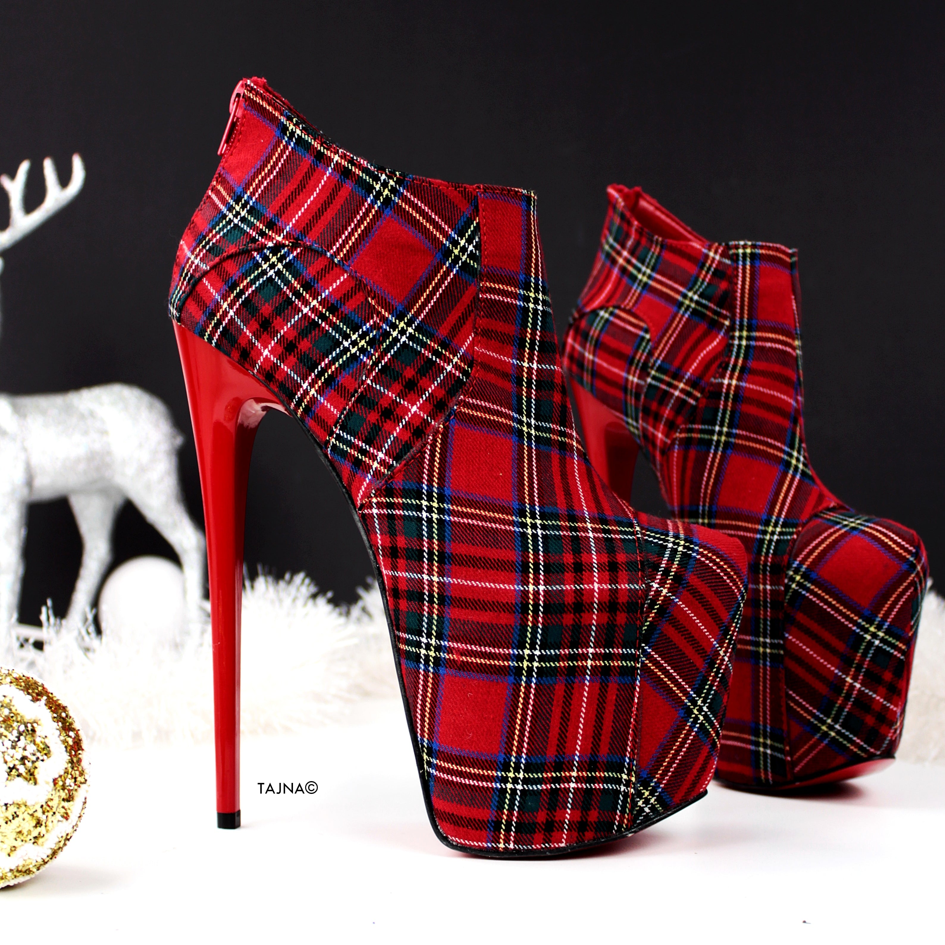 Red Tartan Ankle High Heels - Tajna Club