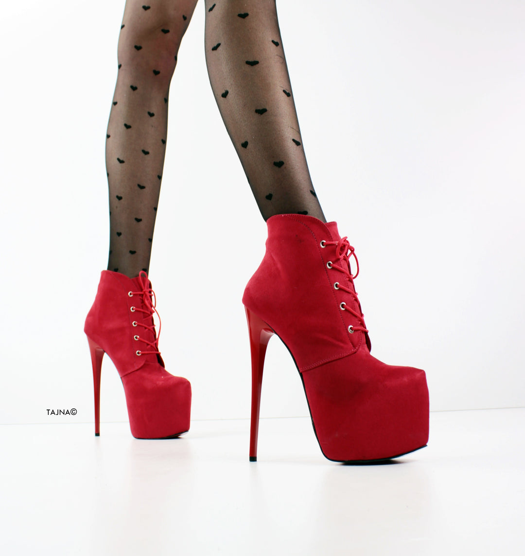 Ledna Lace Up Red Suede Ankle Booties - Tajna Club
