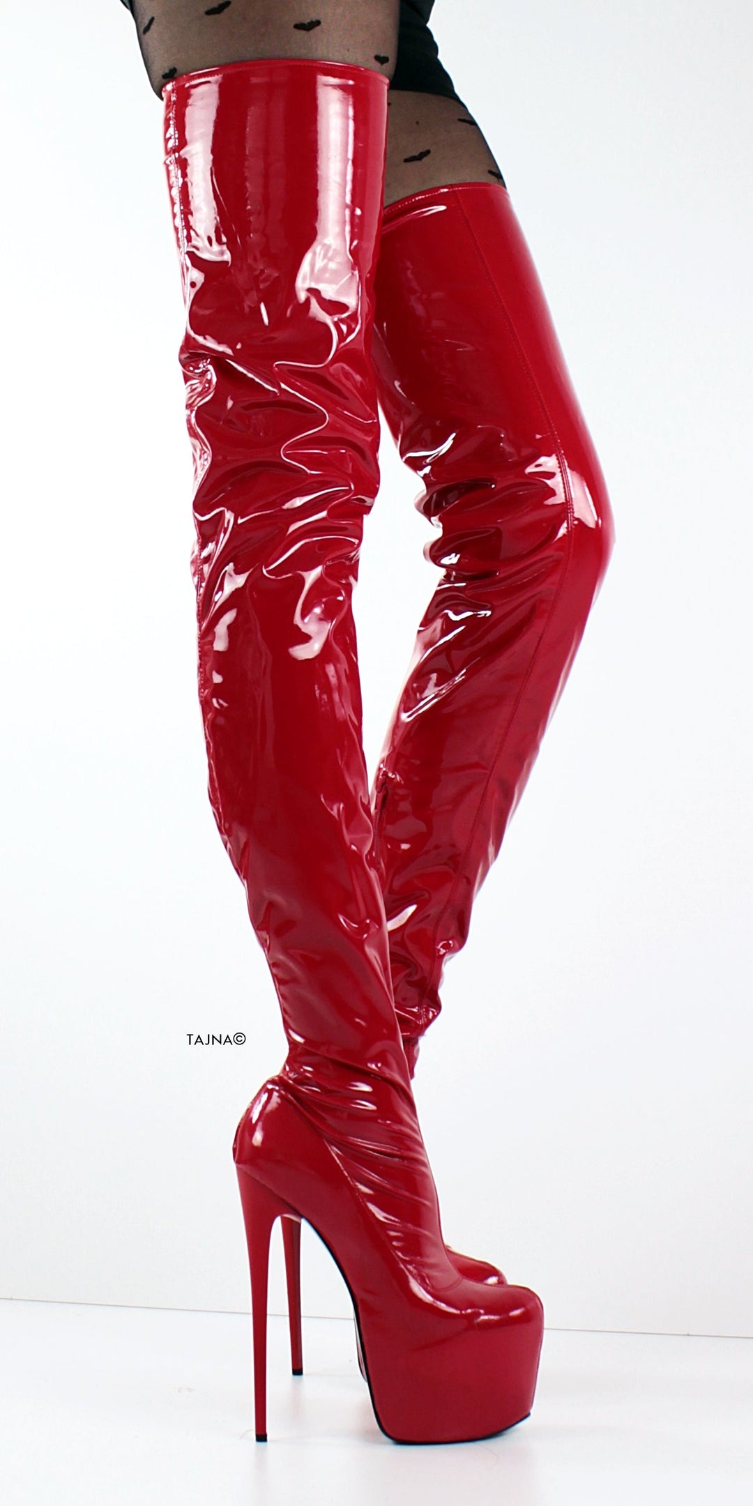 Glossy Red Patent Thigh High Strech Boots - Tajna Club