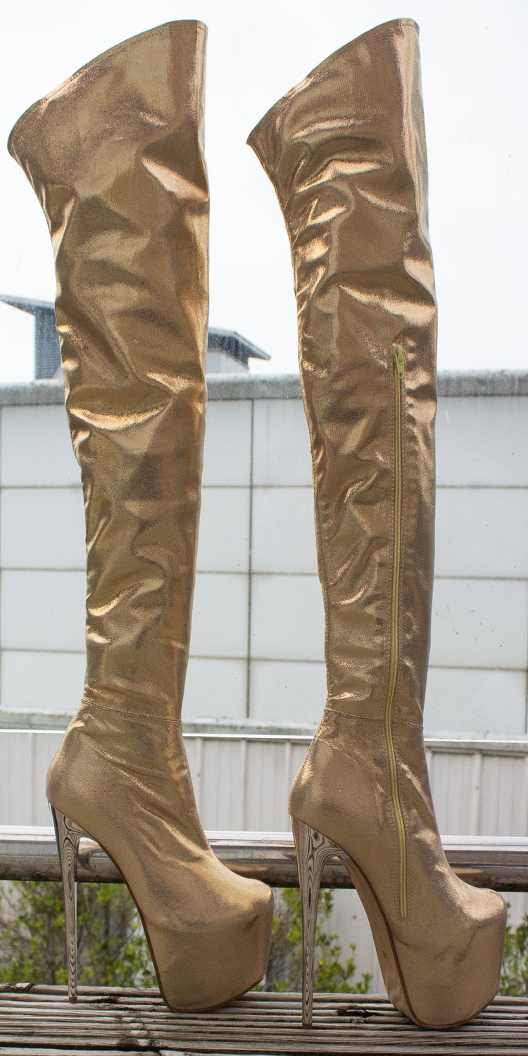 Gold Shimmer Over The Knee Metallic Heel Boots