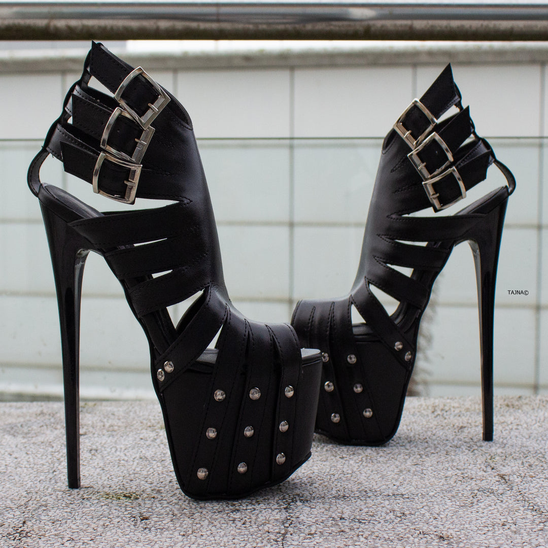 Multi Belted Black Ankle Cut Pin High Heels