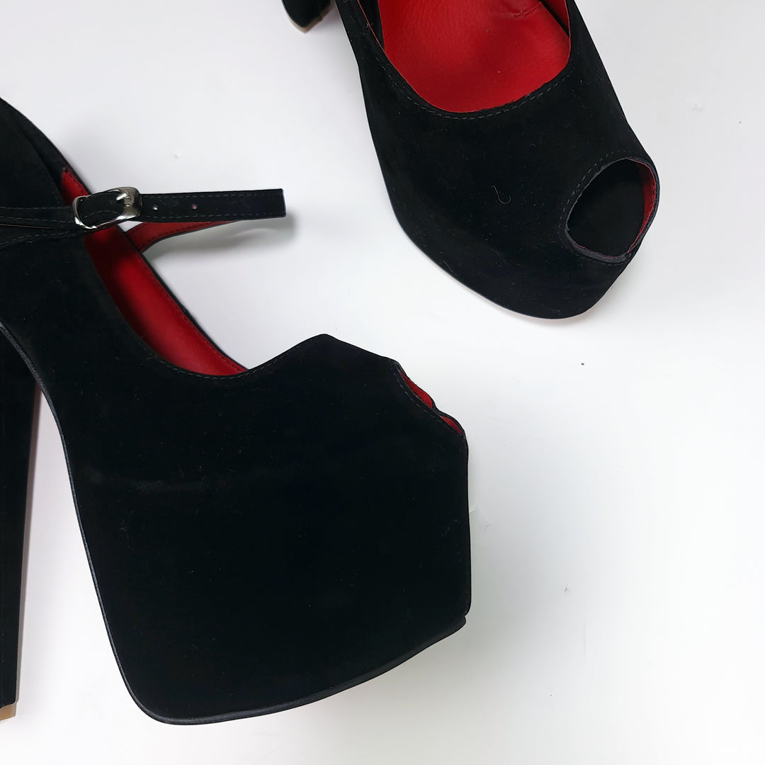 Fishmouth Mary Jane Black Suede Chunky High Heels