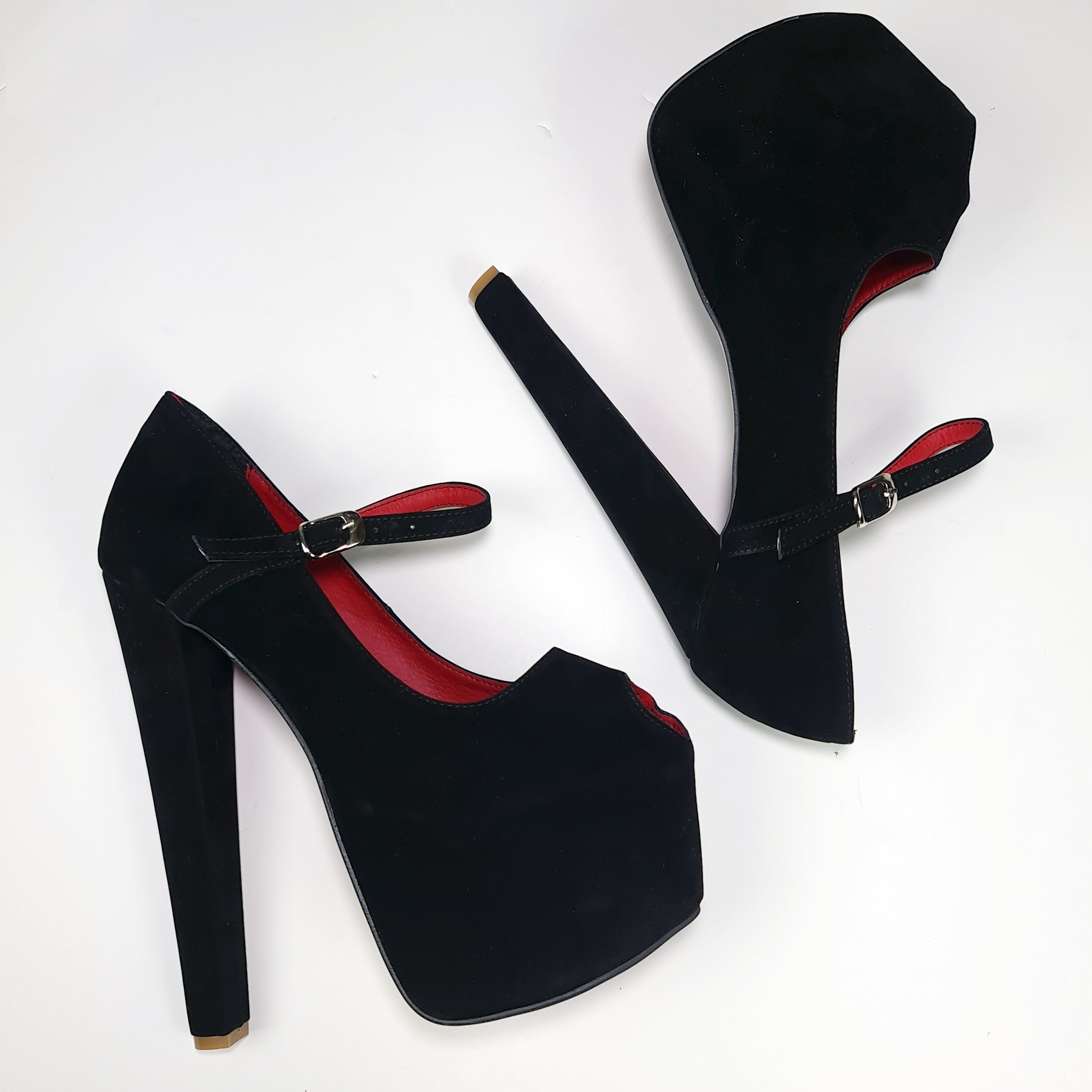Fishmouth Mary Jane Black Suede Chunky High Heels