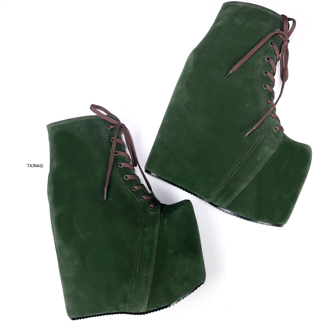 Dark Green Suede Hidden Platform Wedge Boots