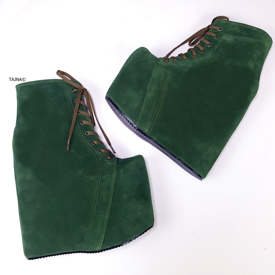 Dark Green Suede Hidden Platform Wedge Boots