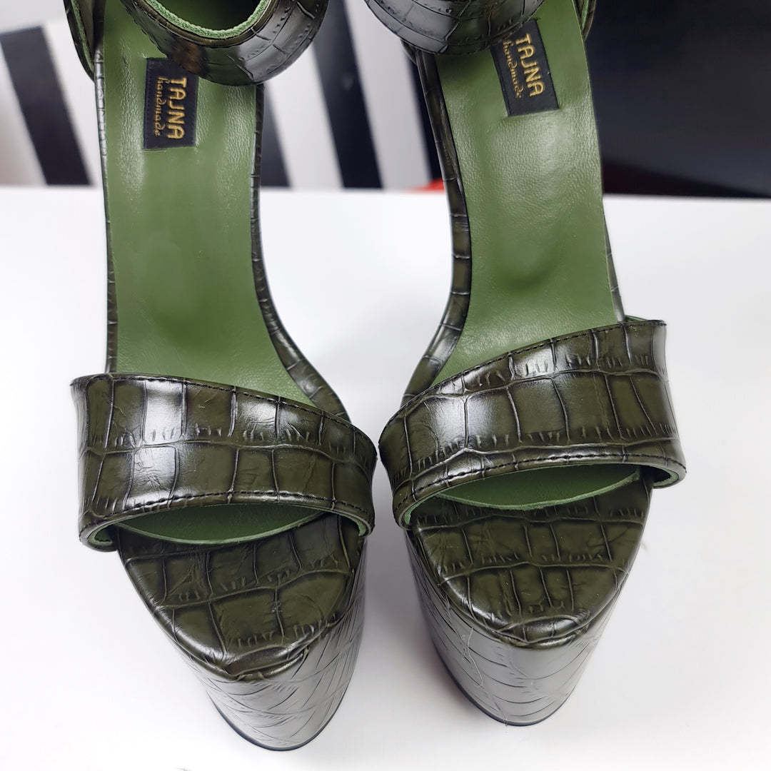 Dark Green Croco Belted High Heel Sandals