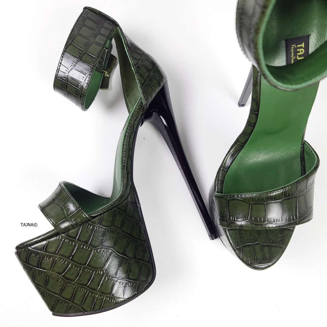 Dark Green Croco Belted High Heel Sandals