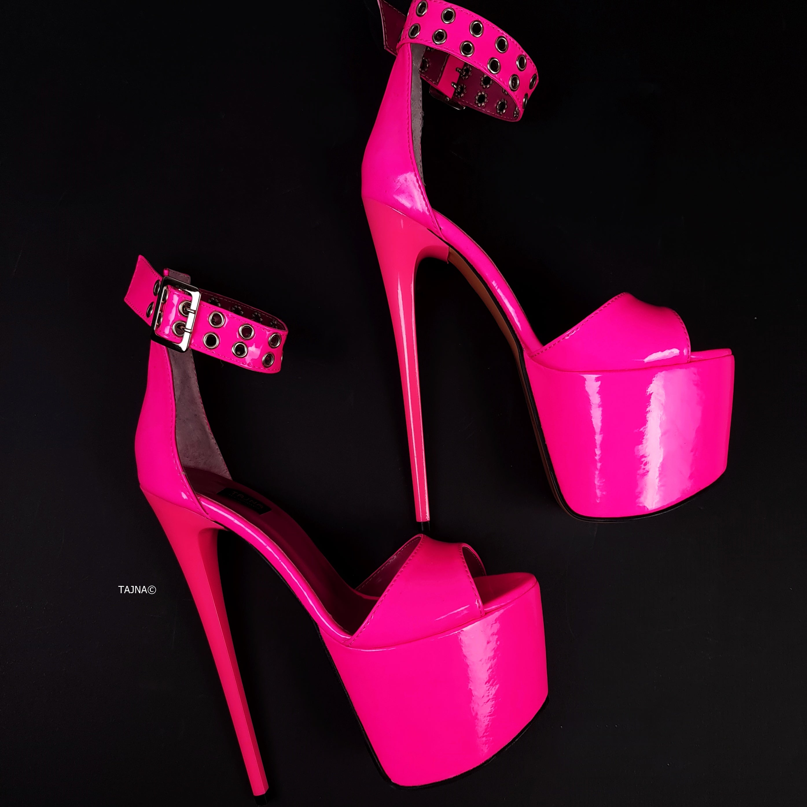 Neon Pink Gloss Belted High Heel Sandals