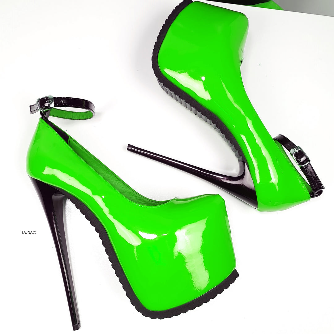 Neon Green Gloss Ankle Strap Serrated Sole Heels
