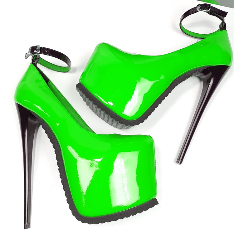 Neon Green Gloss Ankle Strap Serrated Sole Heels