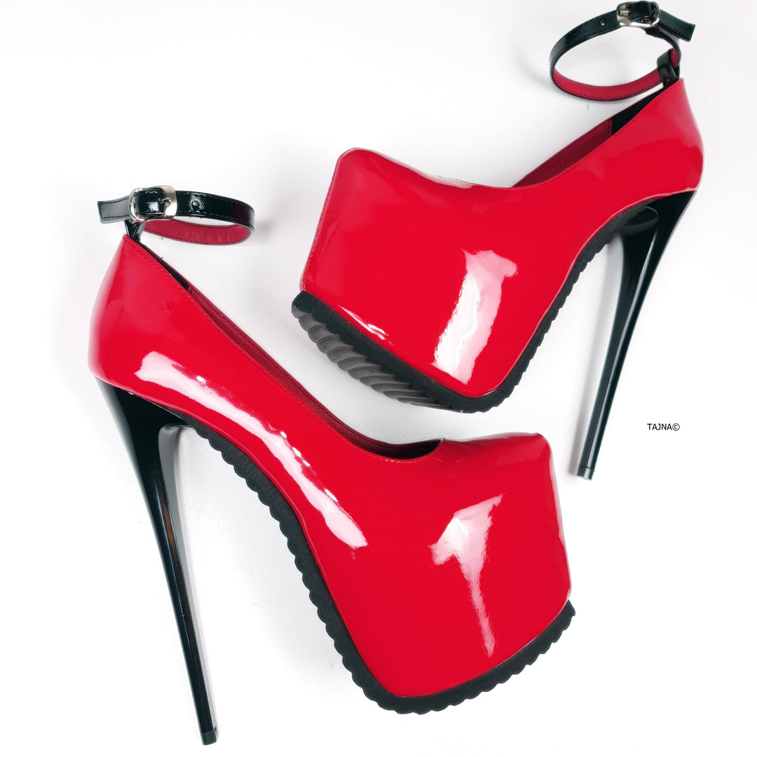 Red Gloss Serrated Sole Ankle Strap High Heels