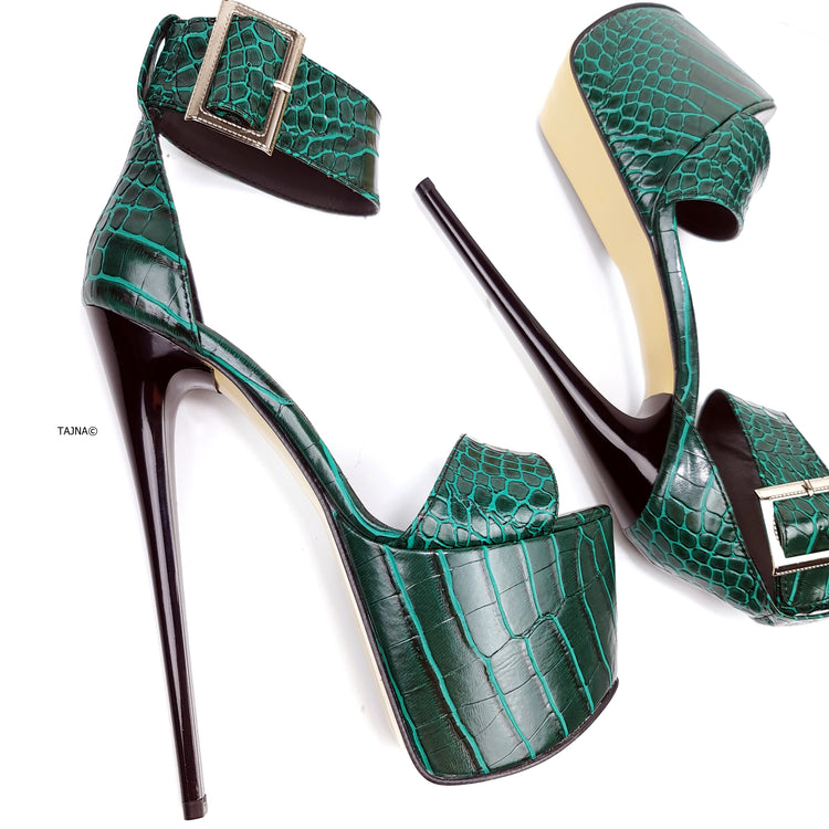 Green Croco Belted Ankle Strap High Heel Sandals