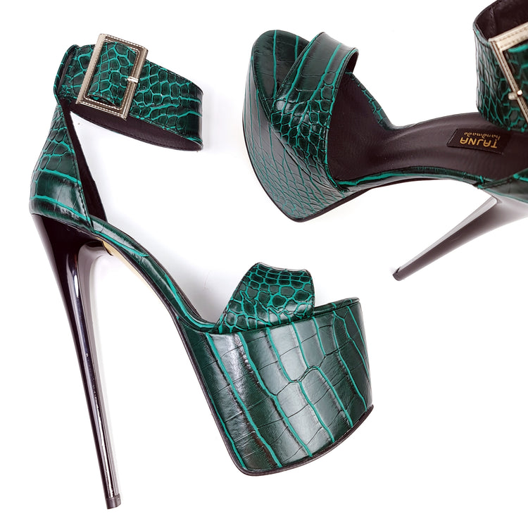 Green Croco Belted Ankle Strap High Heel Sandals