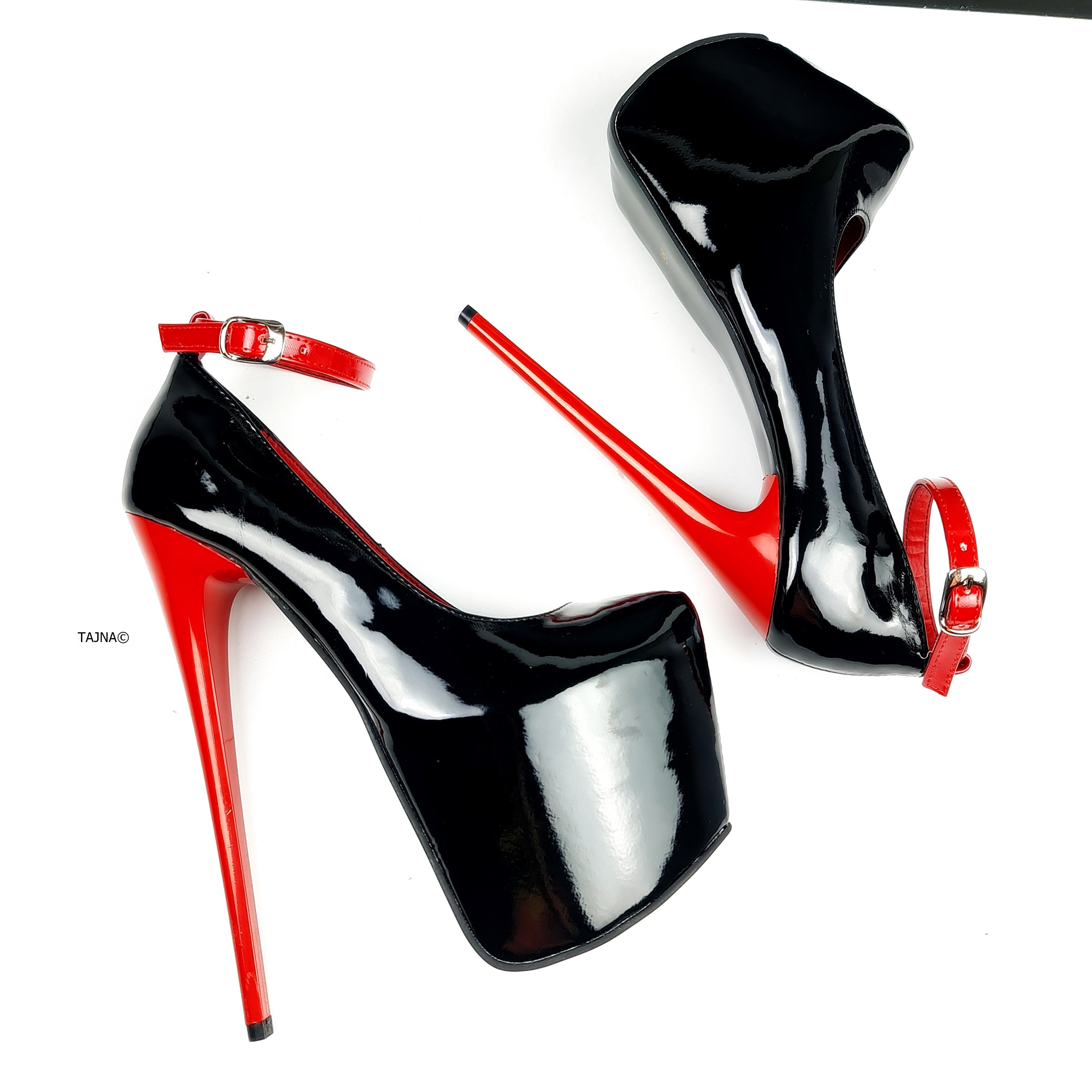 Red Black Gloss Ankle Strap High Heel Pumps
