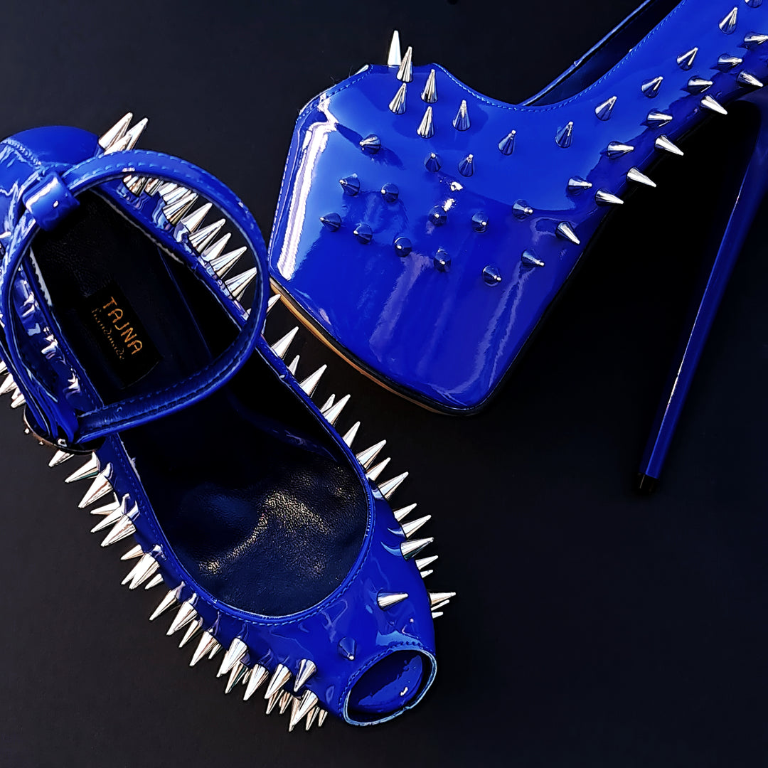 Electric Blue Gloss Spike Studded Ankle Strap Heels