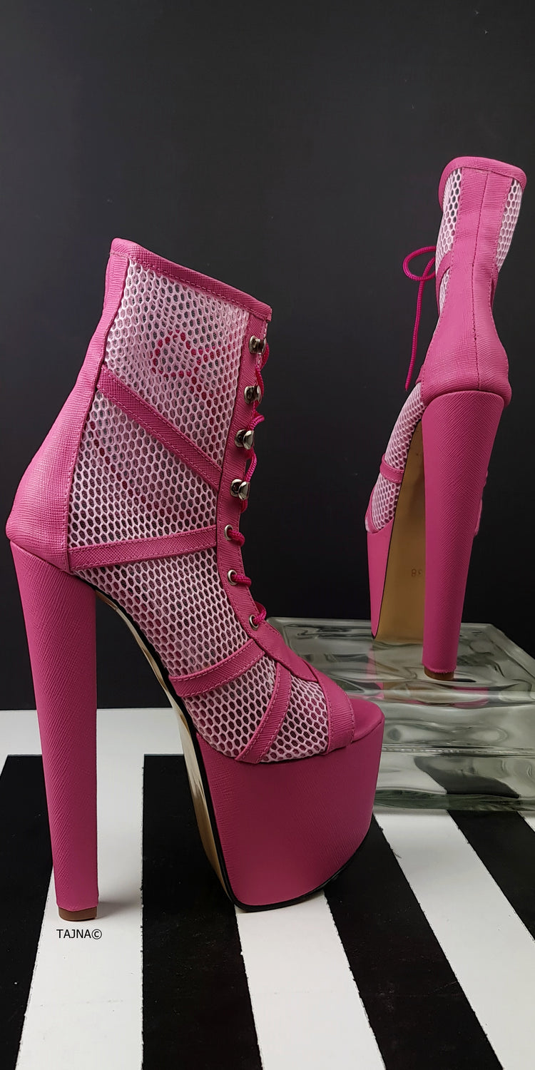 Pink Fishnet Detail Lace Up High Heel Boots
