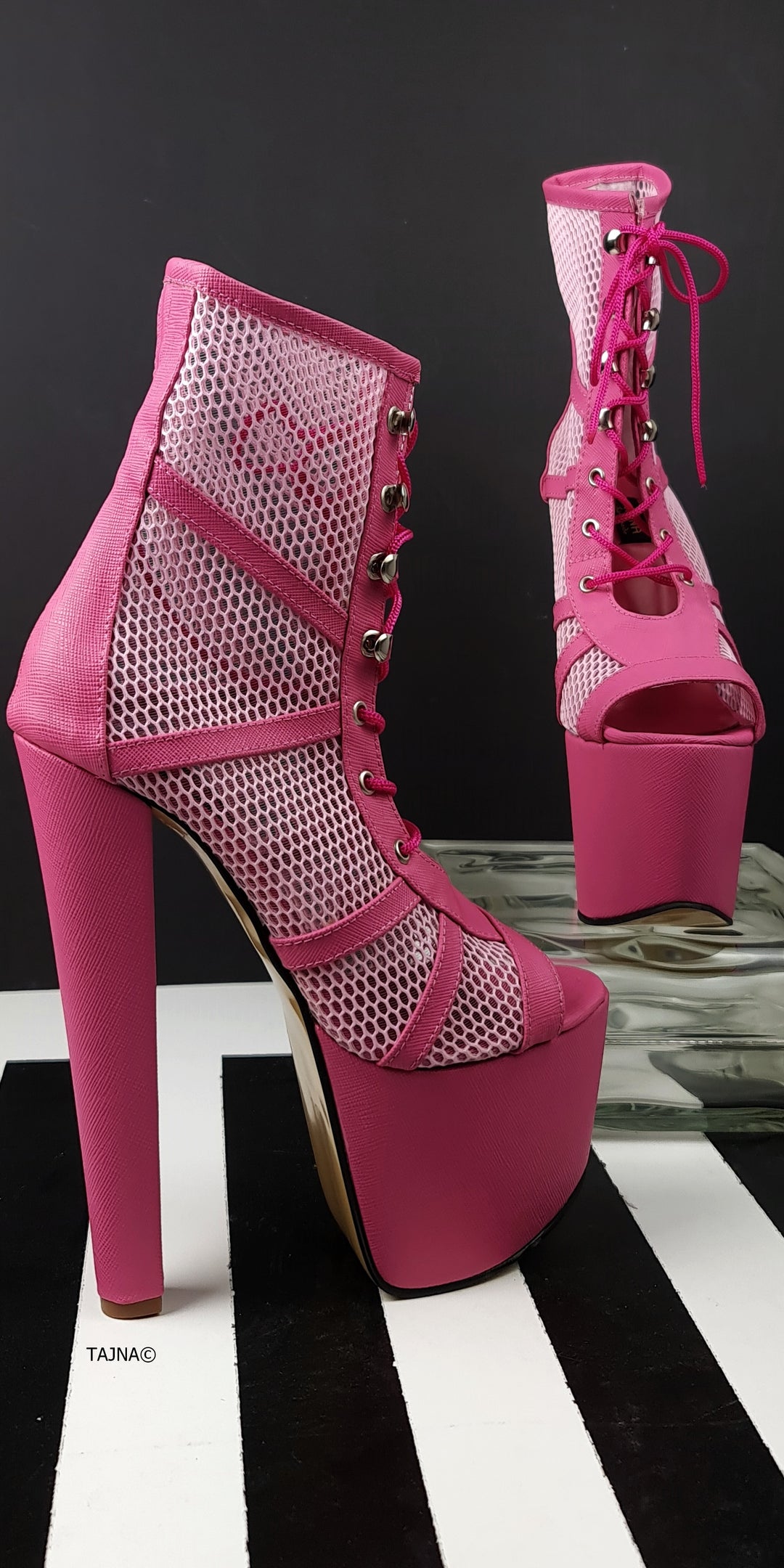 Pink Fishnet Detail Lace Up High Heel Boots – Tajna Club