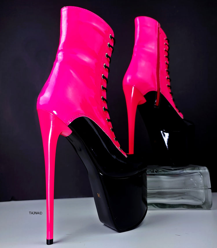 Multi Colour Neon Pink Black Gloss Lace Up Boots High Heel Tajna Club