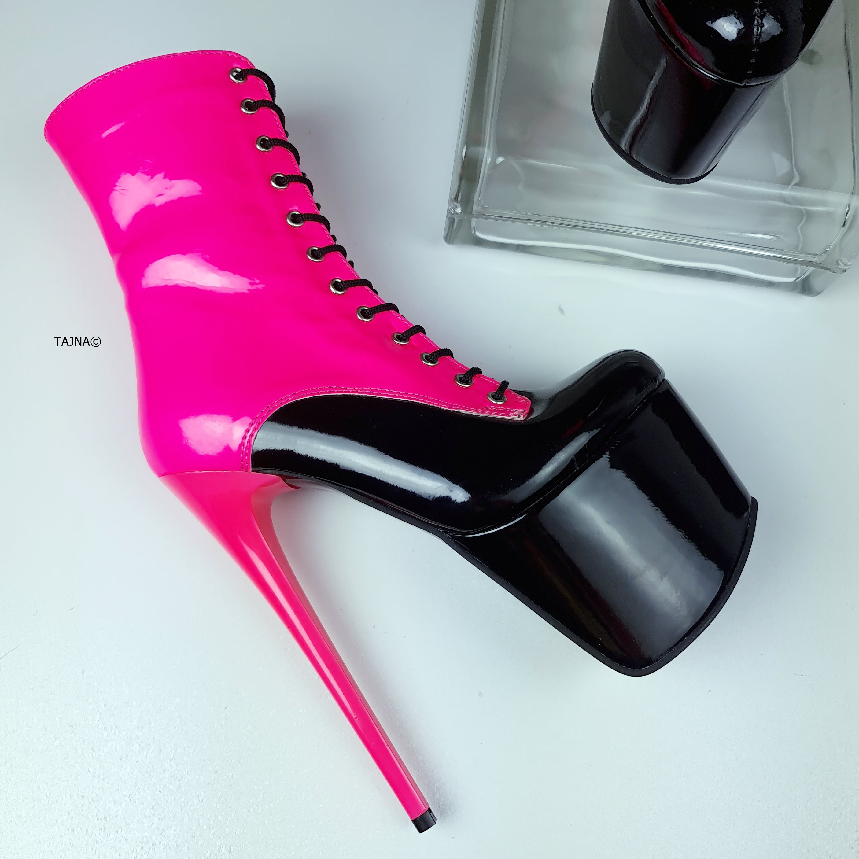 Multi Colour Neon Pink Black Gloss Lace Up Boots High Heel Tajna Club