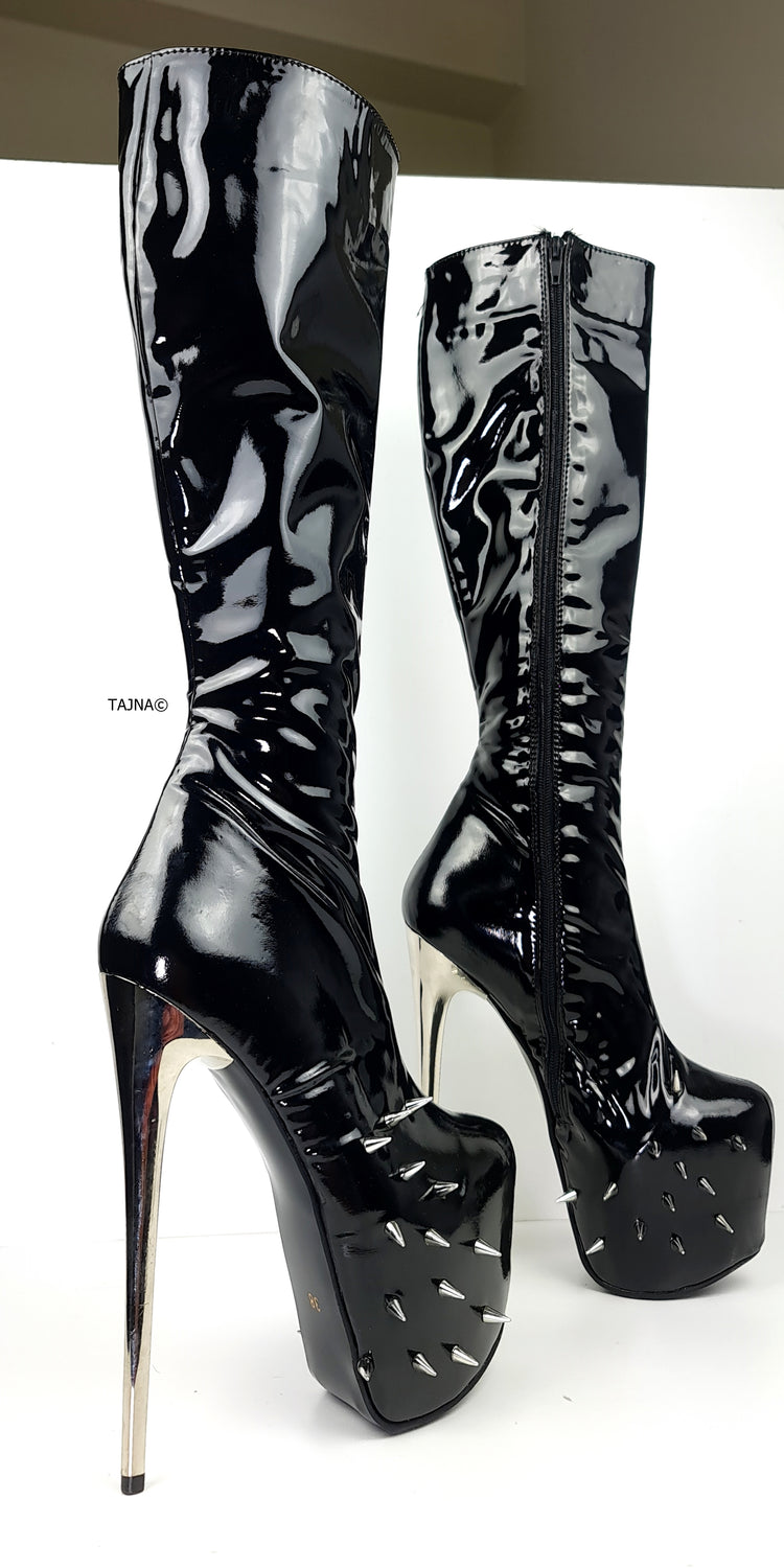Spike Detail Black Gloss Mid Calf High Heel Boots