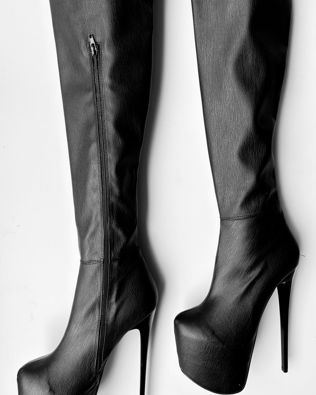 Black Matte Thigh High Pencil Heel Boots