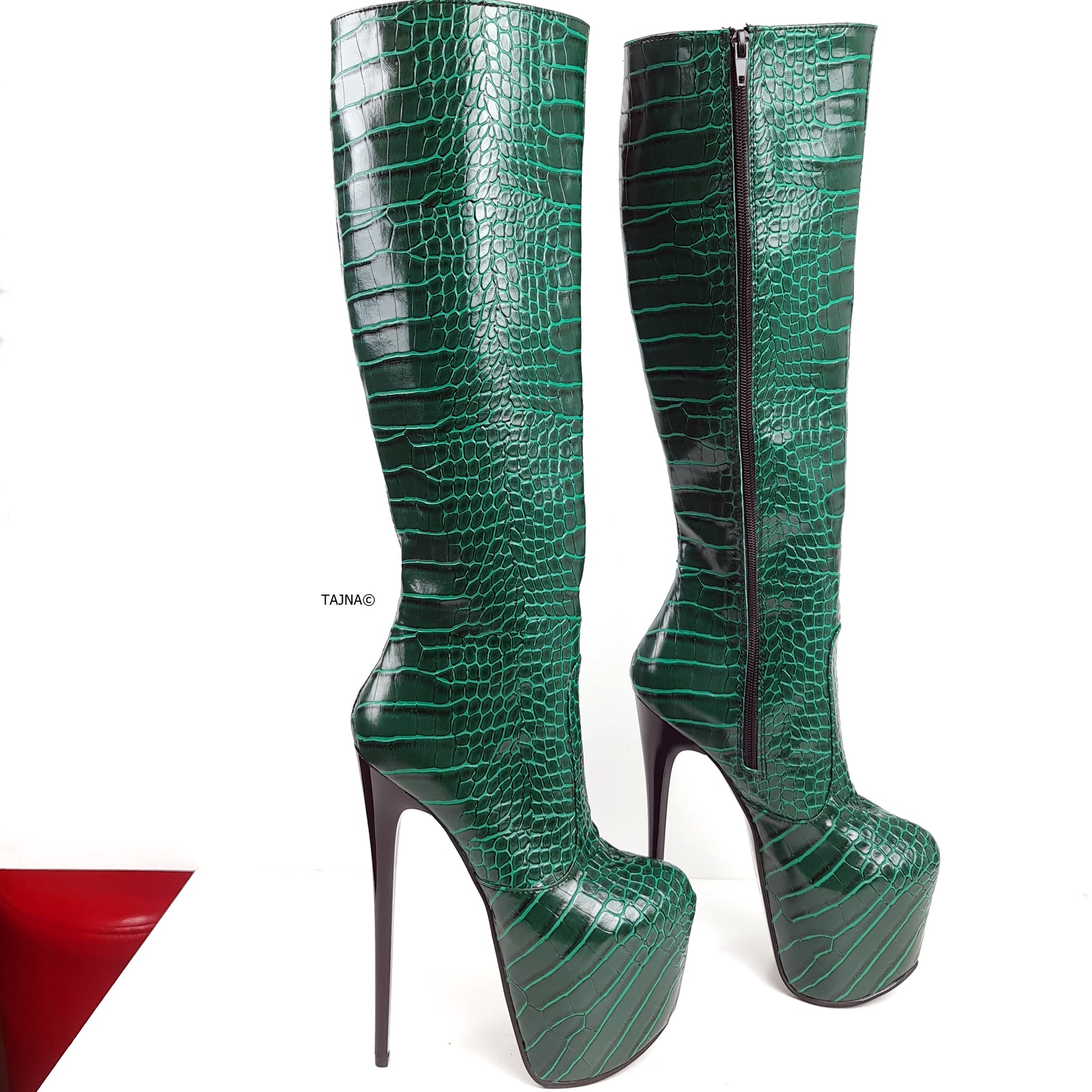 Green Croco Mid Calf High Heel Boots – Tajna Club