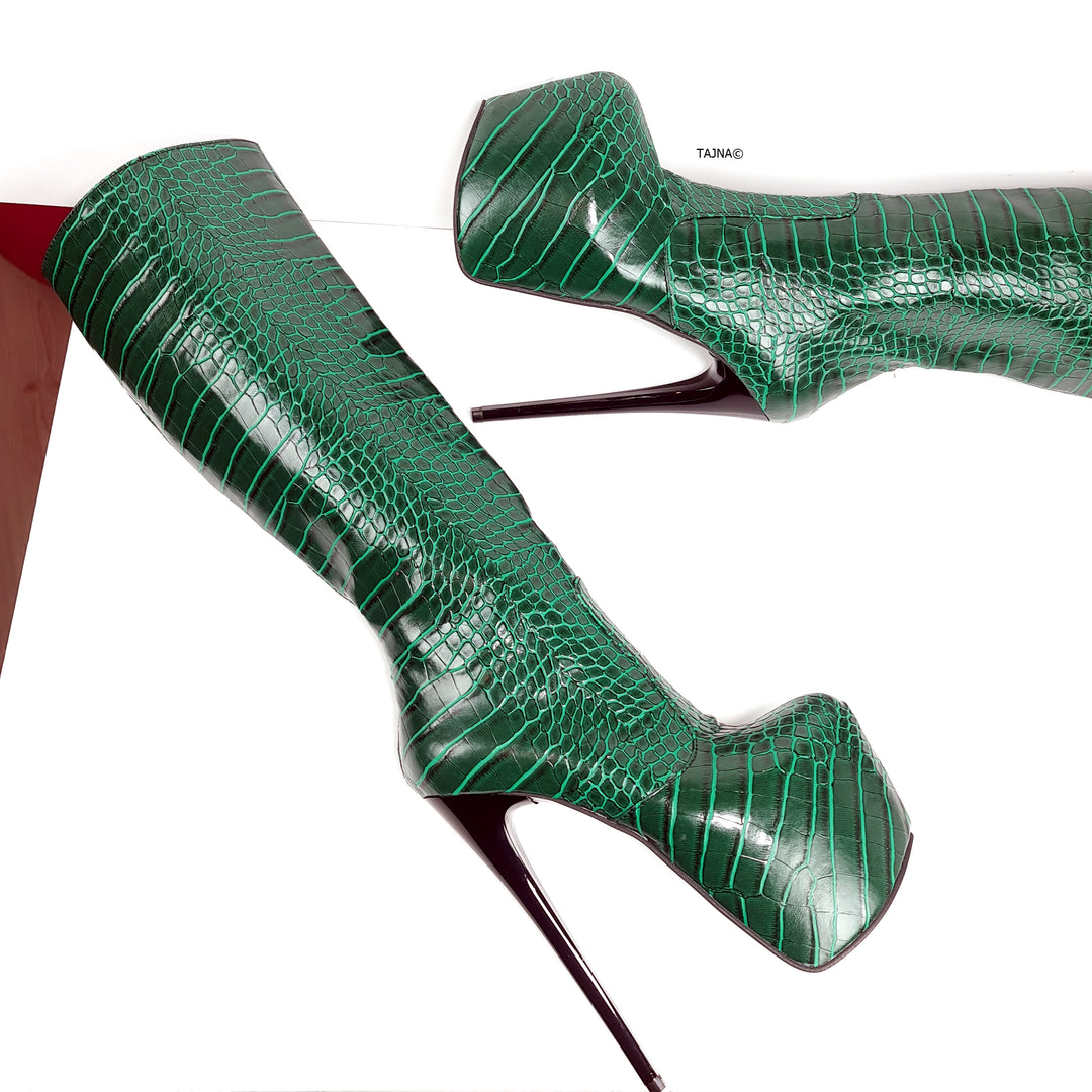 Green Croco Mid Calf High Heel Boots
