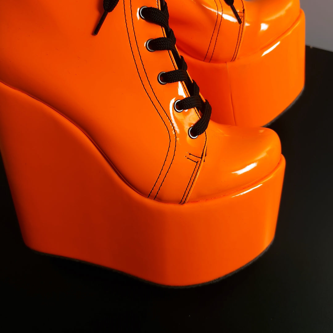 Orange Gloss Black Laces High Heel Platform Wedges