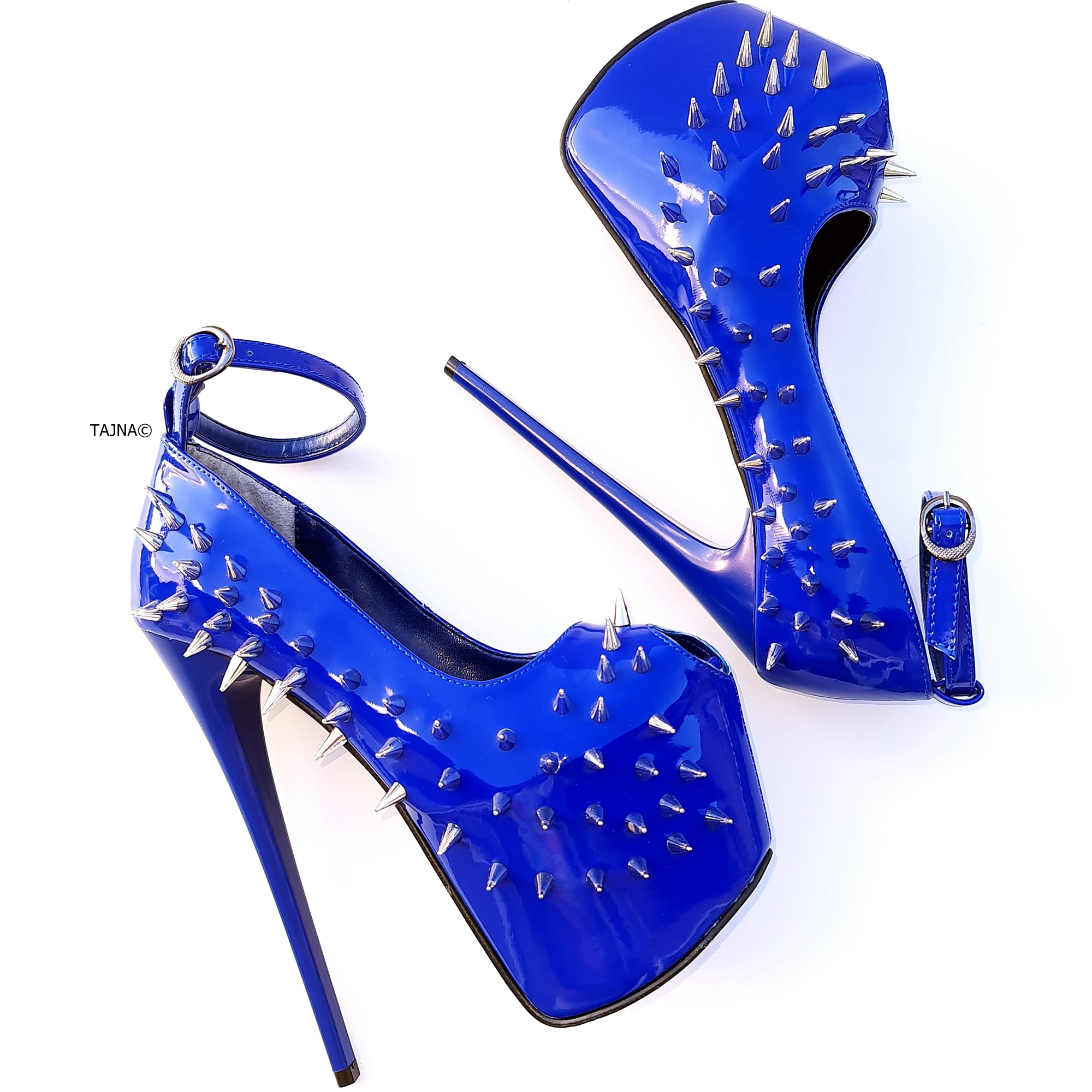 Electric Blue Gloss Spike Studded Ankle Strap Heels Tajna Club