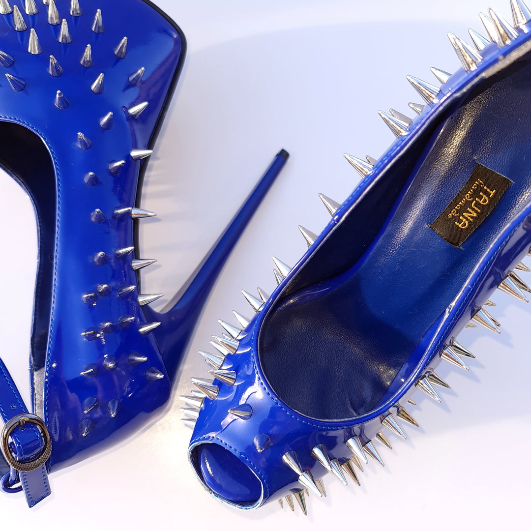 Electric Blue Gloss Spike Studded Ankle Strap Heels Tajna Club