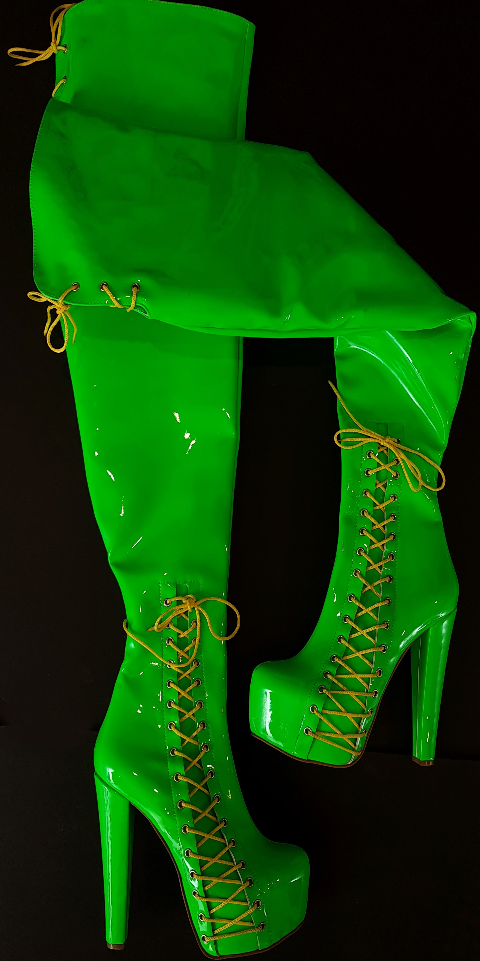 80 cm Extra Thigh High Corset Style Boots Green Neon