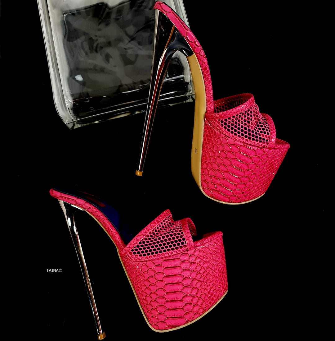 Pink Croco Fishnet Metallic High Heel Mules