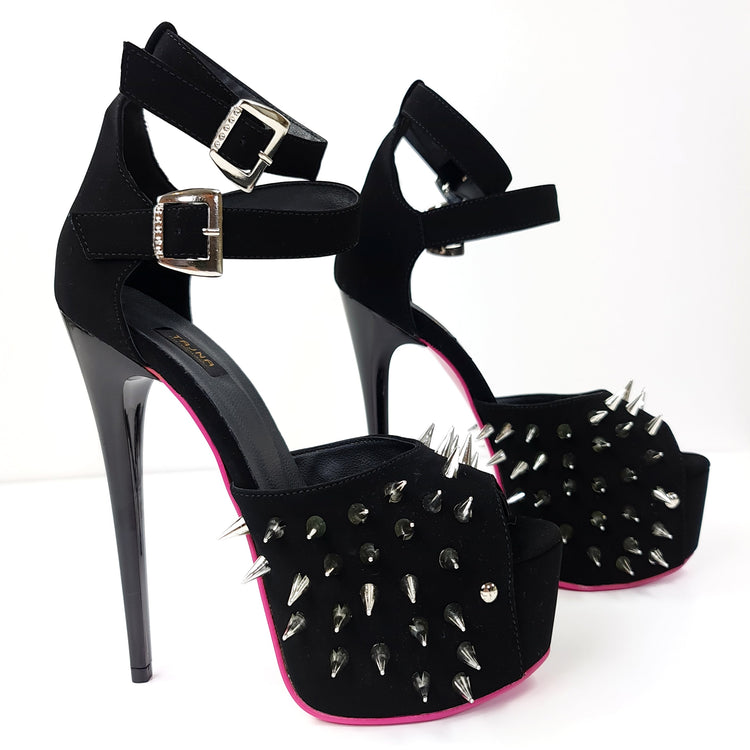 Double Ankle Strap Black Suede Spike Heels