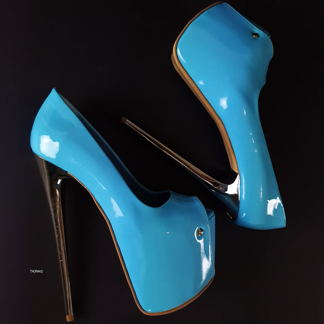 Metallic Teal Colored Shoes Baby Blue Gloss Peep Toe Metallic High