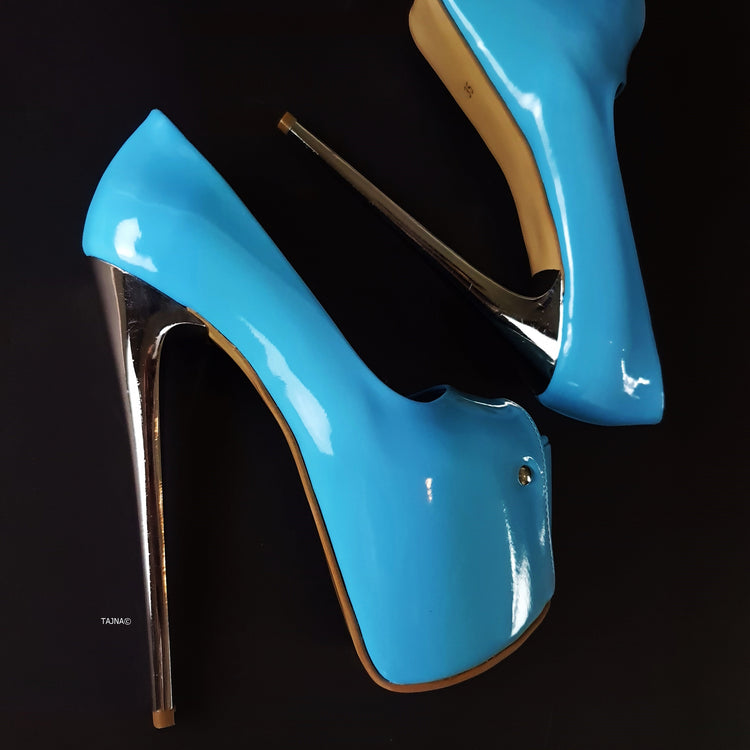 Baby Blue Gloss Peep Toe Metallic High Heels