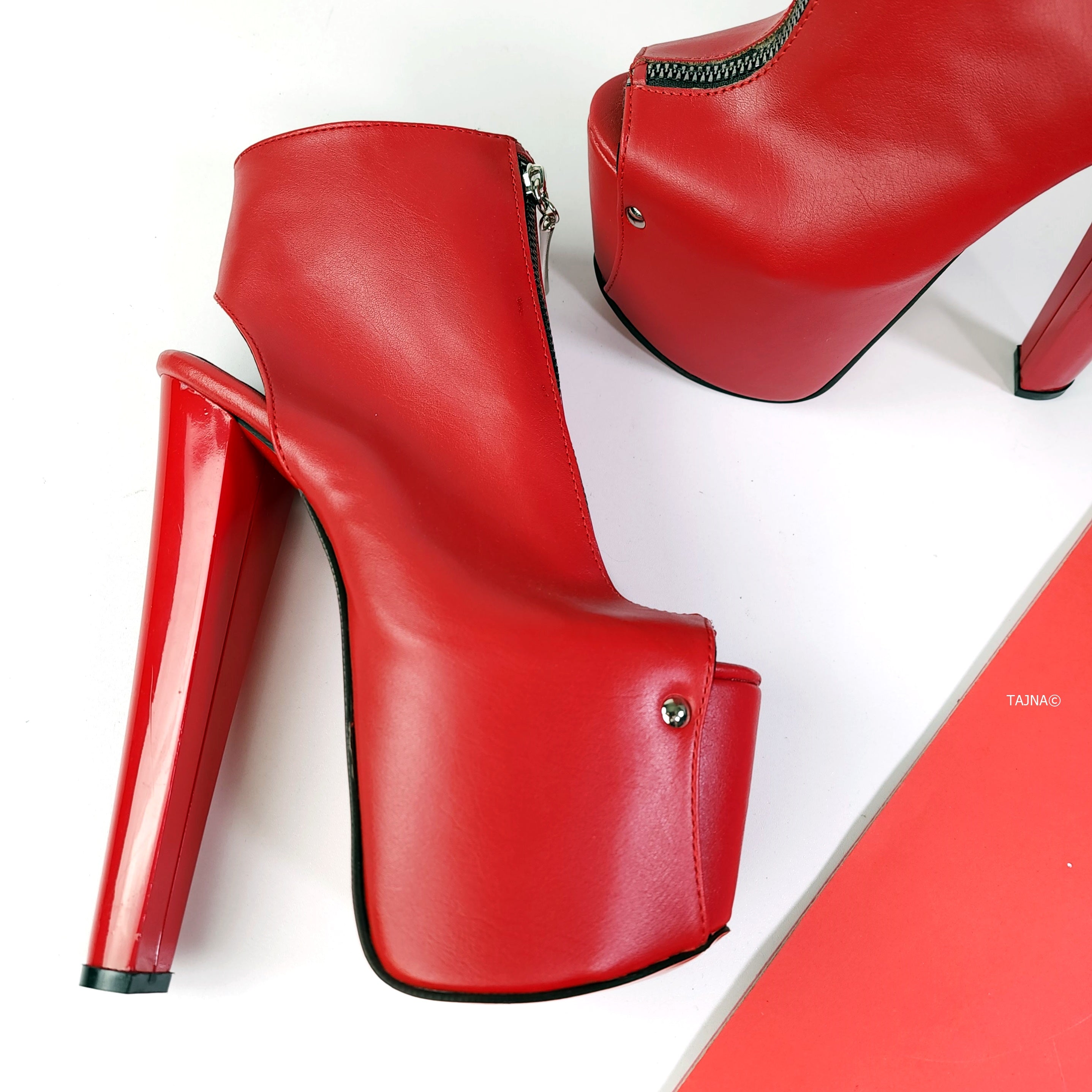 Red Zipper Detail Chunky Ankle Cut Heels