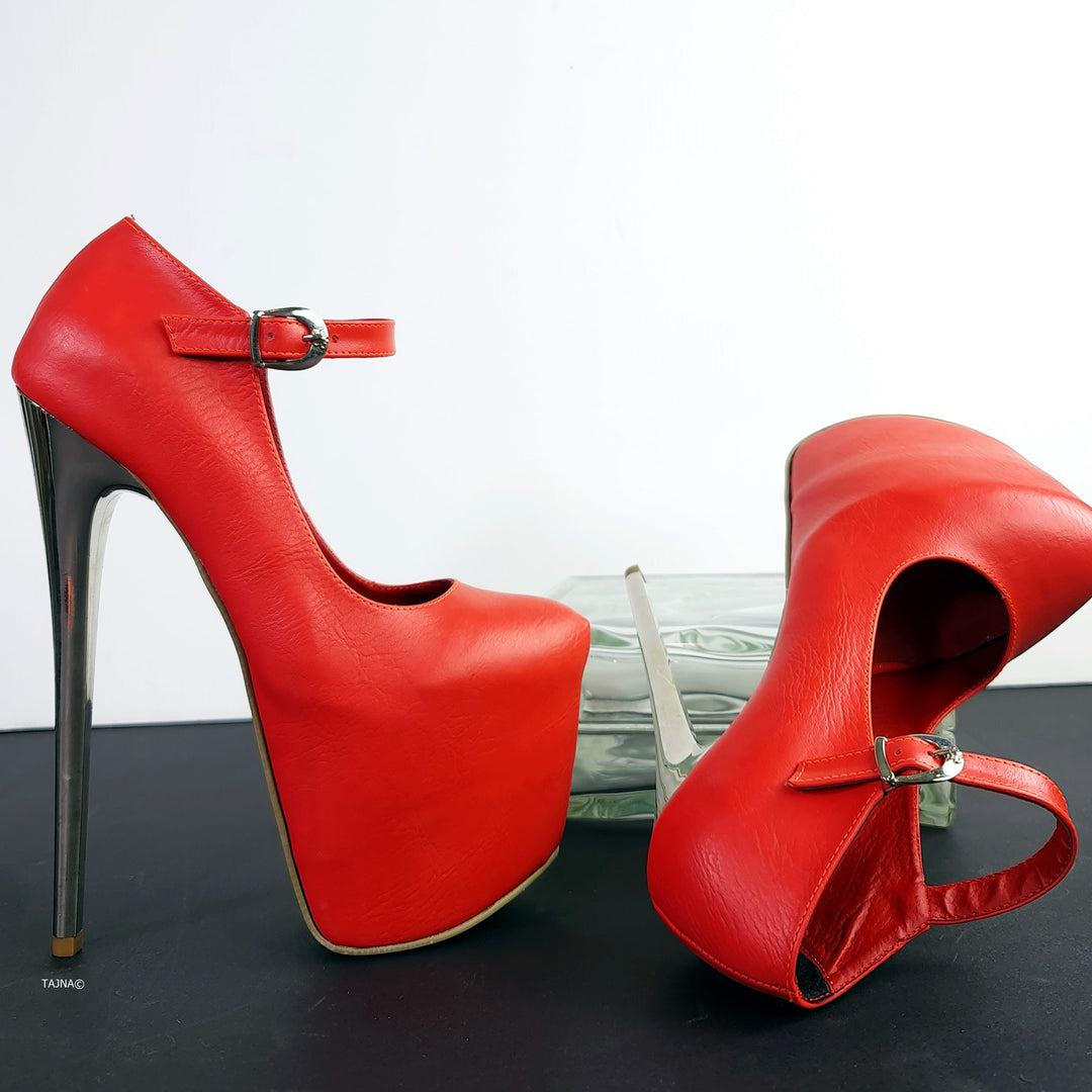 Soft Red Metallic Heel Modern Mary Jane Pumps