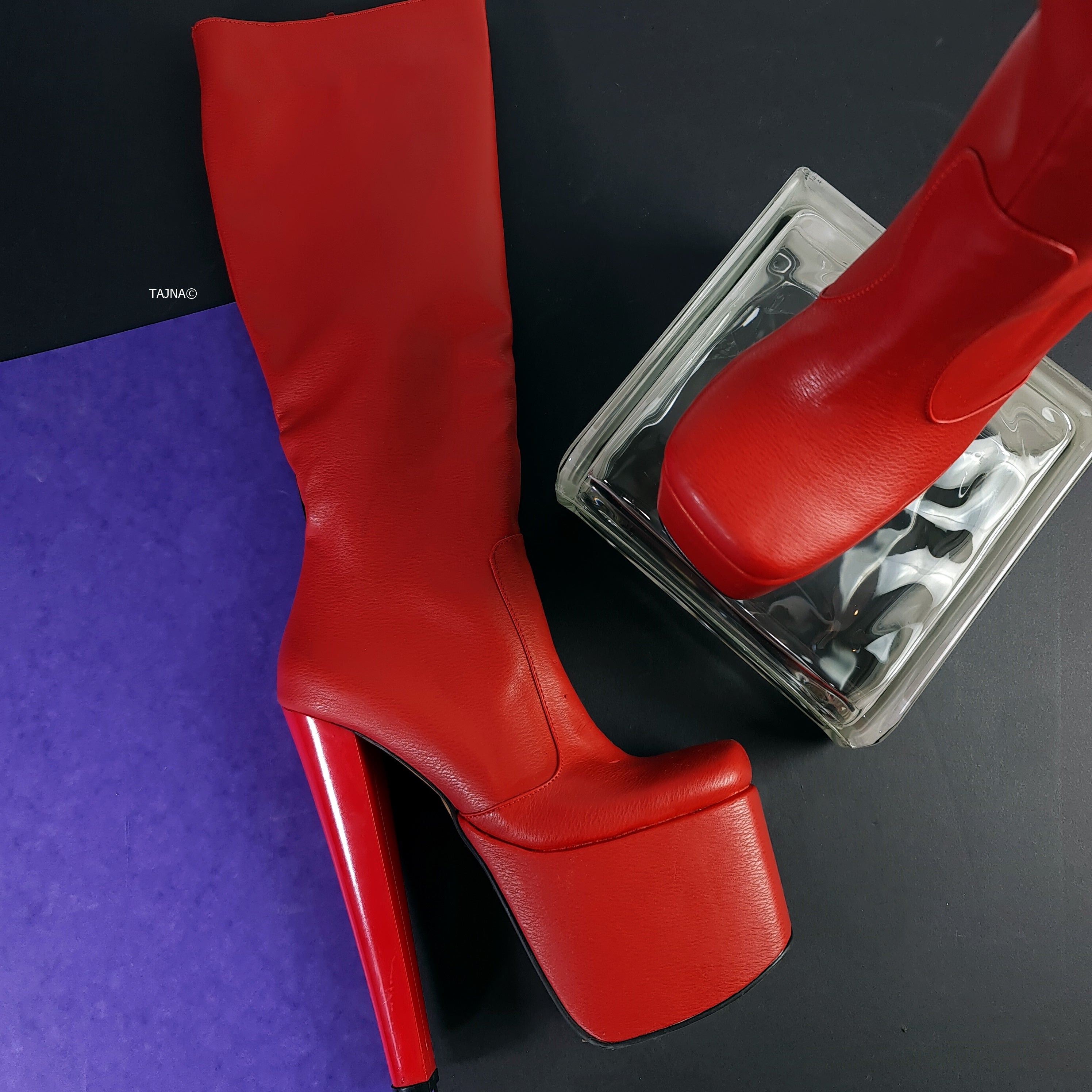 Square Nose Red Chunky Heel Mid Calf Boots