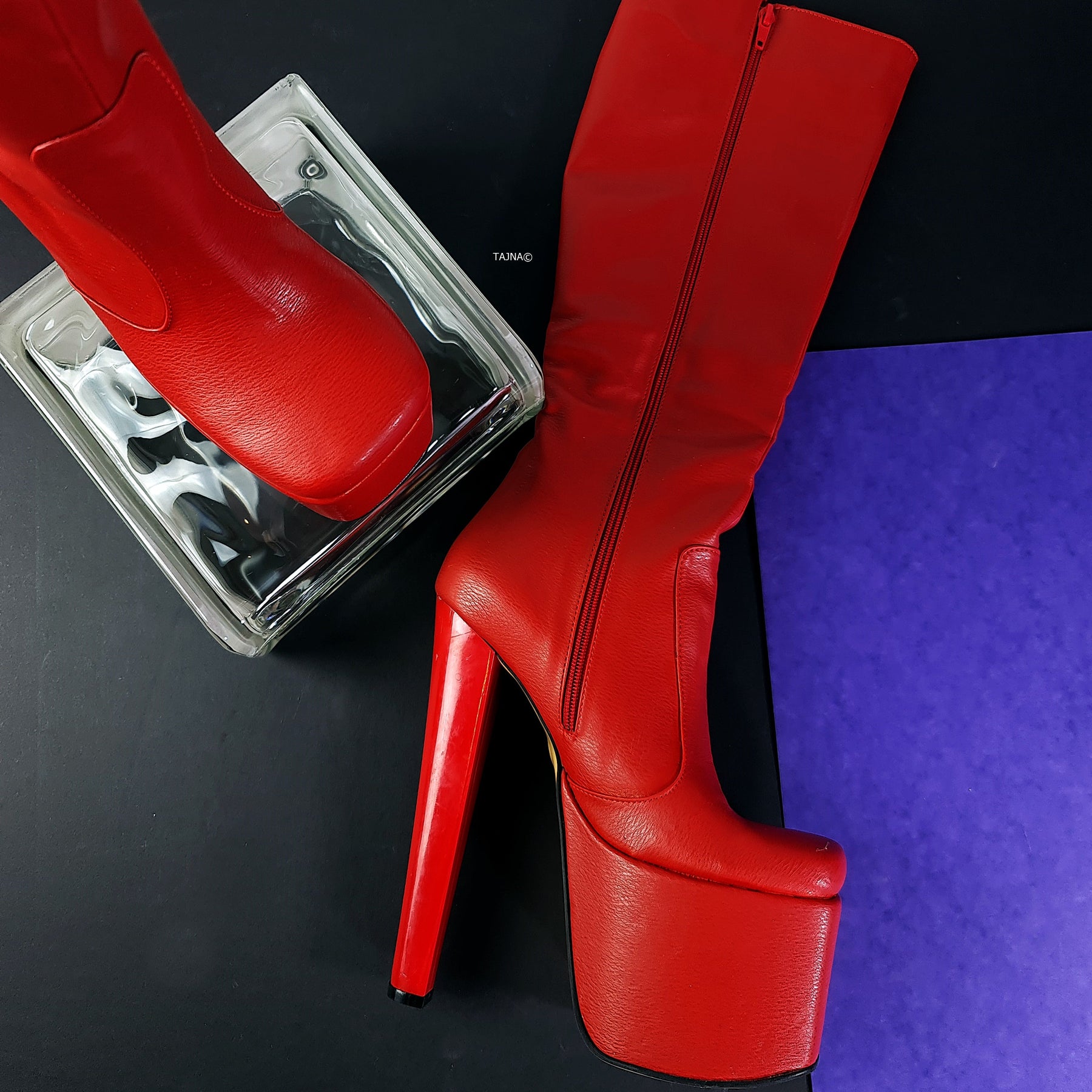 Boot Nose Square Nose Red Chunky Heel Mid Calf Boots | Tajna Shoes – Tajna Club