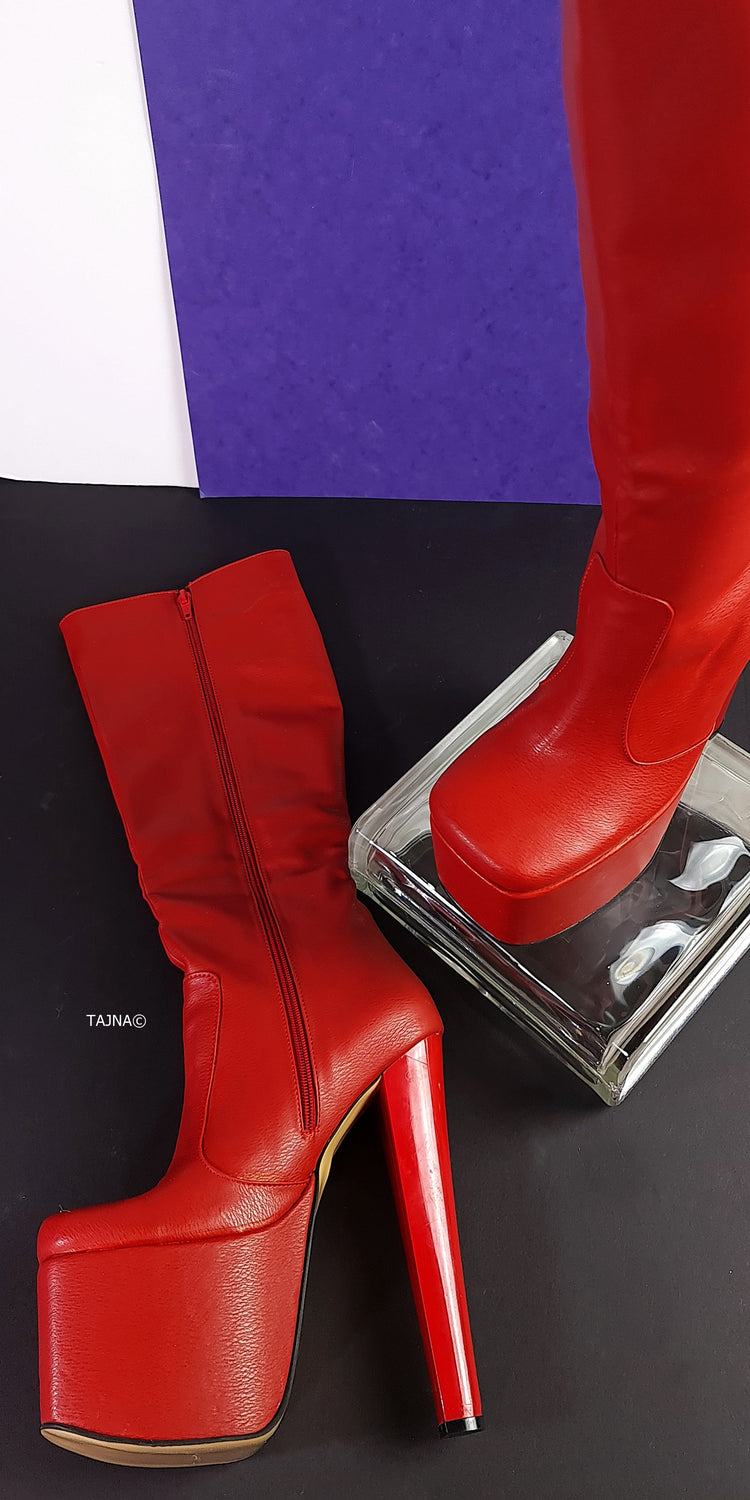 Square Nose Red Chunky Heel Mid Calf Boots