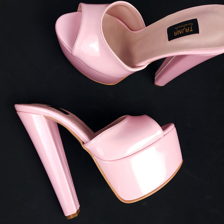 Light Pink Gloss Chunky High Heel Mules