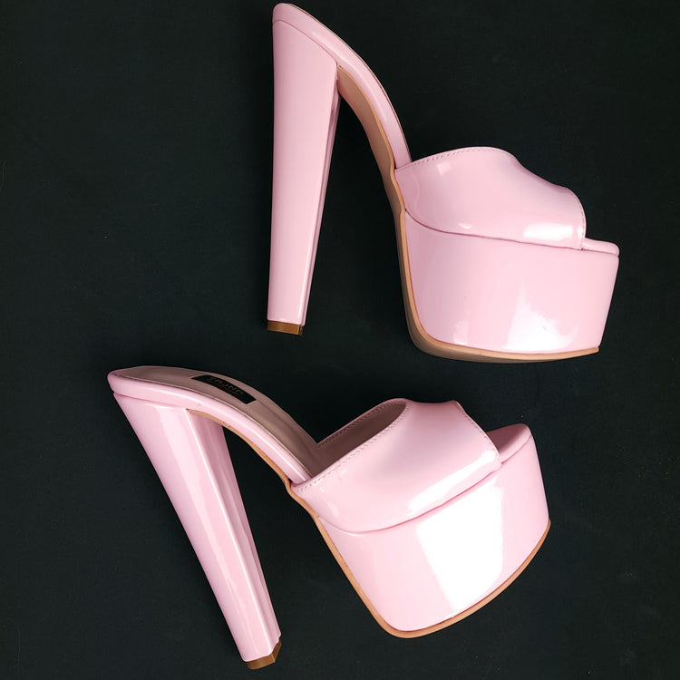Light Pink Gloss Chunky High Heel Mules
