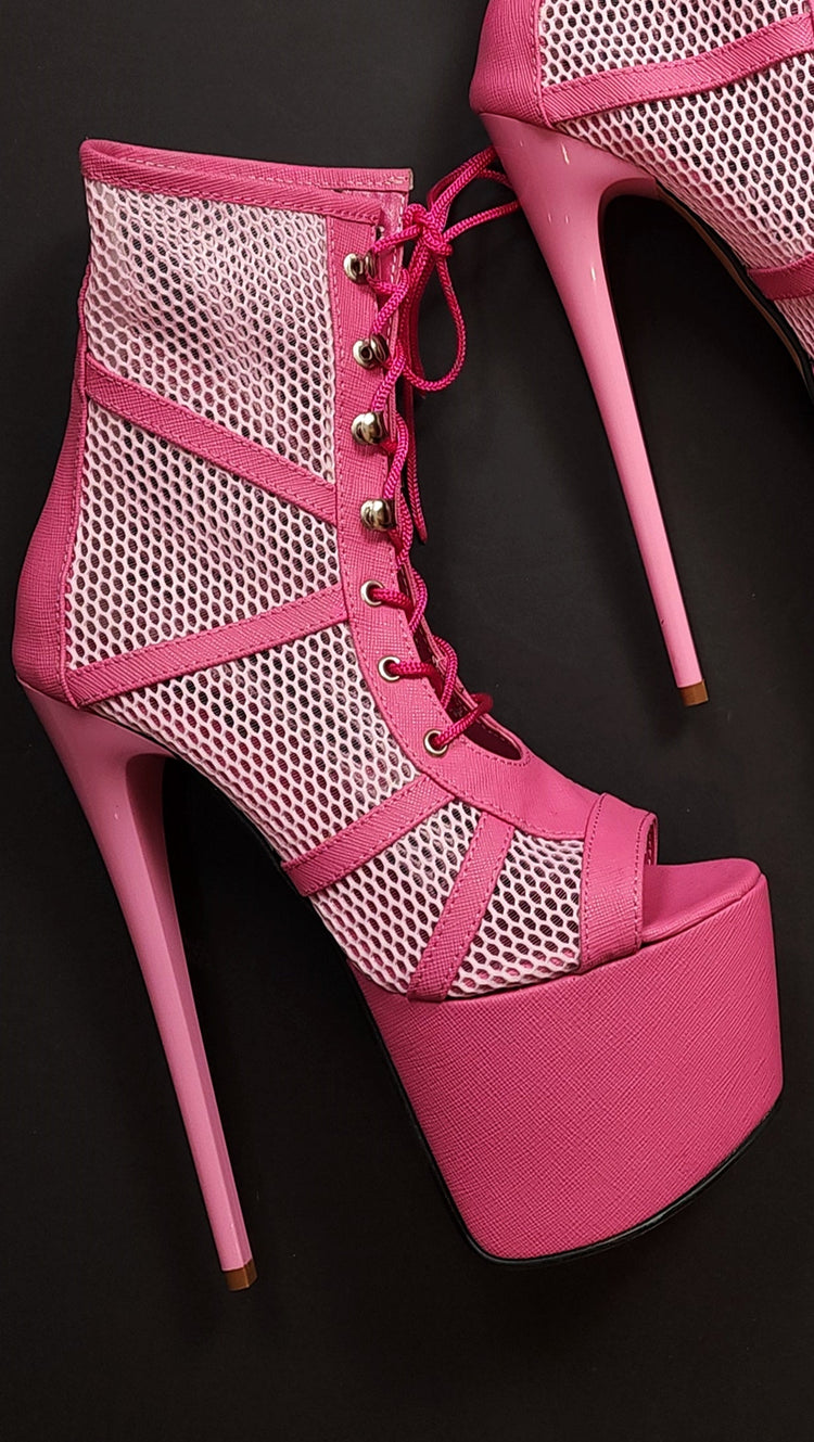 Pink Fishnet Lace-up  Platform High Heel Booties