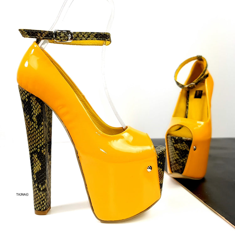 Genuine Leather Yellow Snake Detail  Chunky Heels
