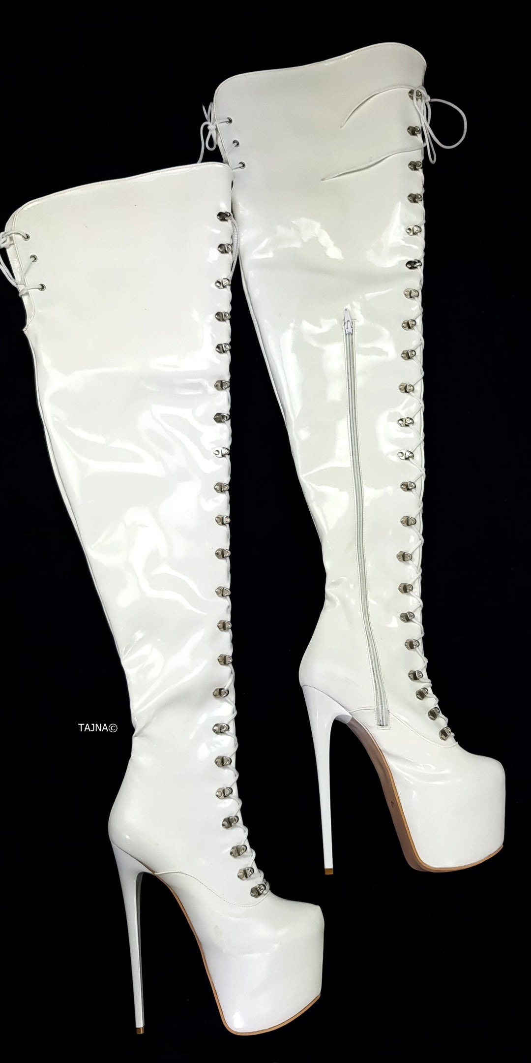 White Gloss Long Thigh Military Style Boots 80 cms