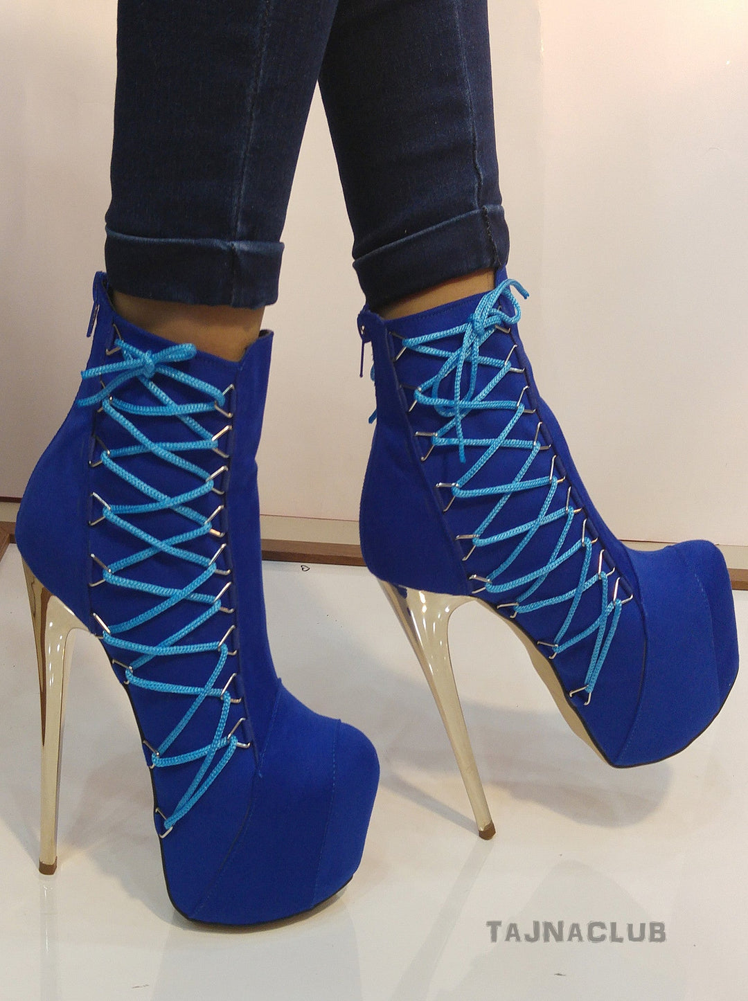 Side Lace-Up Cobalt Blue Boots - Tajna Club